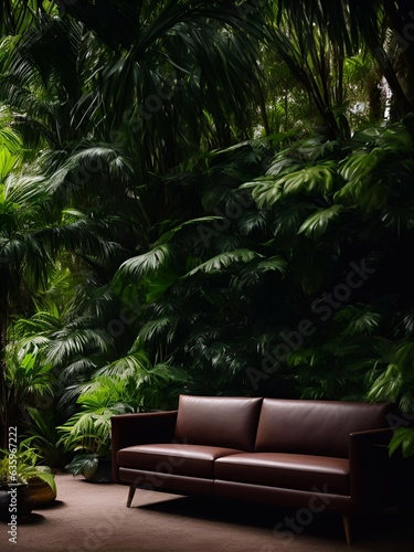 luxury sofa in the tropical forest Daylight Cinematic generative ai illustration art