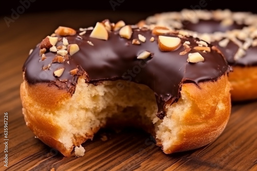 Biting chocolate donuts on wooden background.
