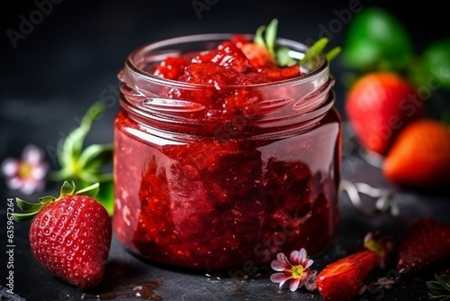 Strawberry jam in a glass jar with strawberries on black background