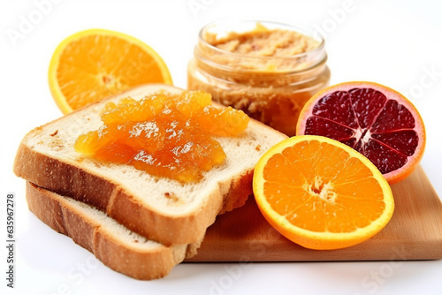 Bread spread with orange jam  marmalade on white background. photo