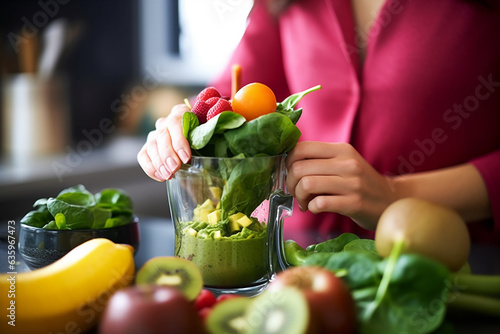 Woman using fruit blender in the kitchen for healthy fruit and vegetable smoothies.