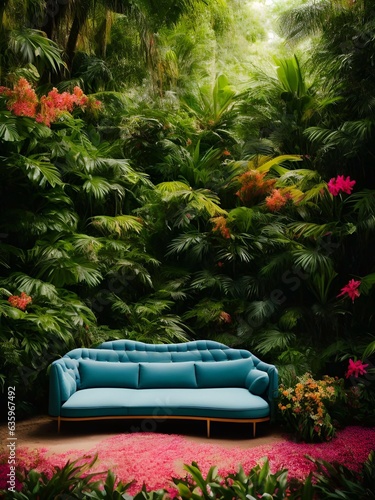 luxury sofa in the tropical forest Daylight Cinematic generative ai illustration art