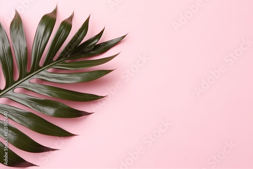 Monstera palm leaves on pastel pink background.