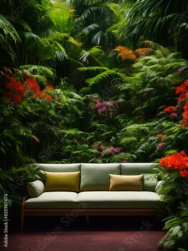 luxury sofa in the tropical forest Daylight Cinematic generative ai illustration art