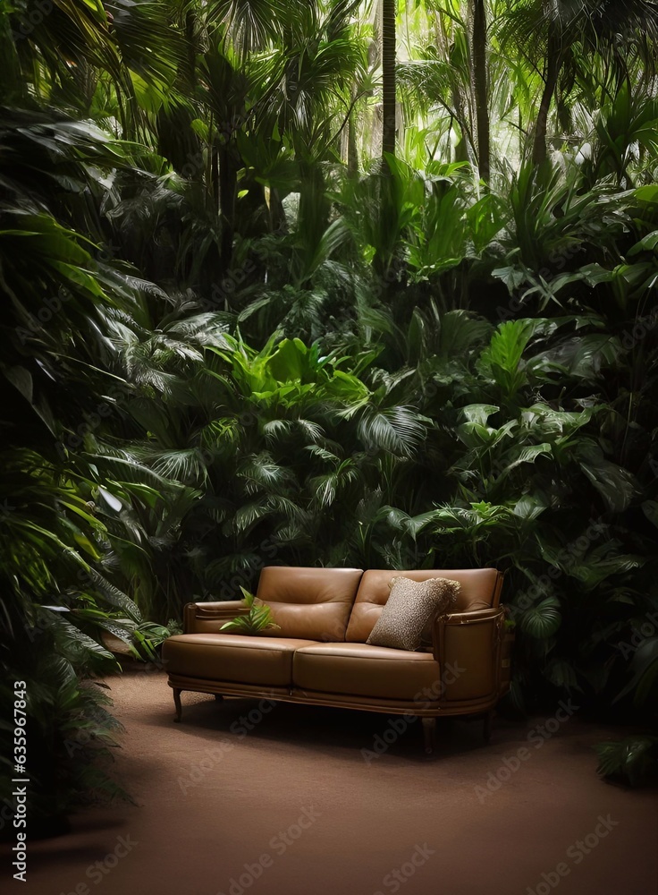 Fototapeta premium luxury sofa in the tropical forest Daylight Cinematic generative ai illustration art