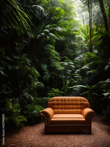 luxury sofa in the tropical forest Daylight Cinematic generative ai illustration art