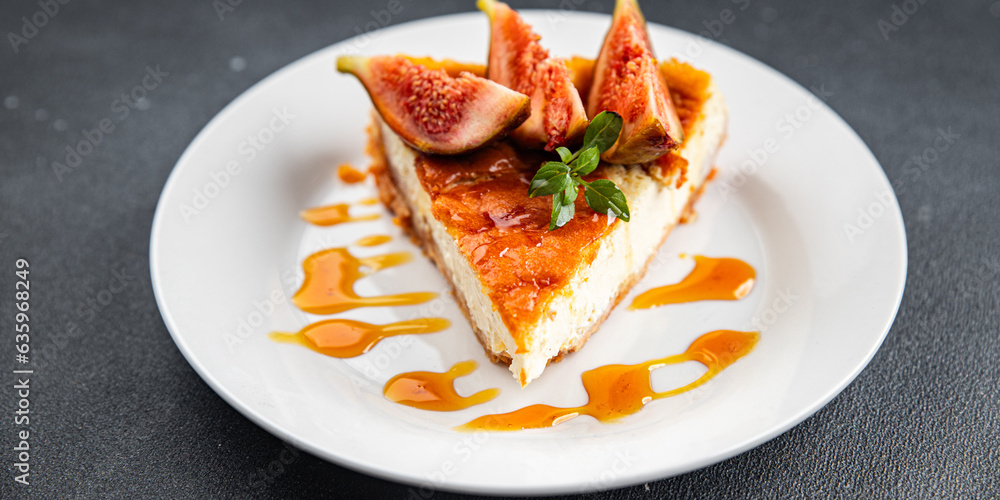 cheesecake slices fig fruit sweet cake dessert meal food snack on the table copy space food background rustic top view cheesecake slices fig fruit sweet cake dessert meal food snack on the table copy space food background rustic top view