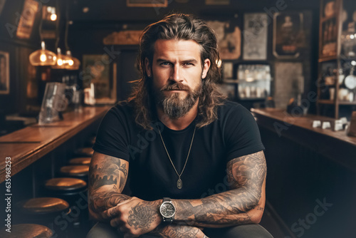 Attractive young man posing for the camera. Attractive hipster, brutal bearded man in good physical shape, portrait
