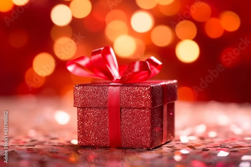 Red gift box with ribbon on lights background. © Inlovehem