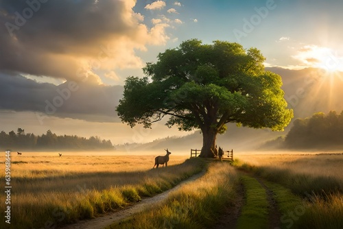 sunset in the field , a tree in the jungle , tree in a field , deer under the tree , animals in the jungle