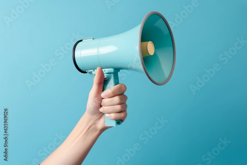 Hand holding megaphone on blue background.