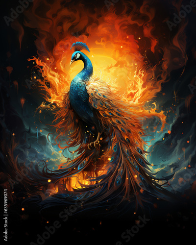 a peacock fire in a fireplace in a dark night, in the style of hyper-realistic animal illustrations, generative AI
