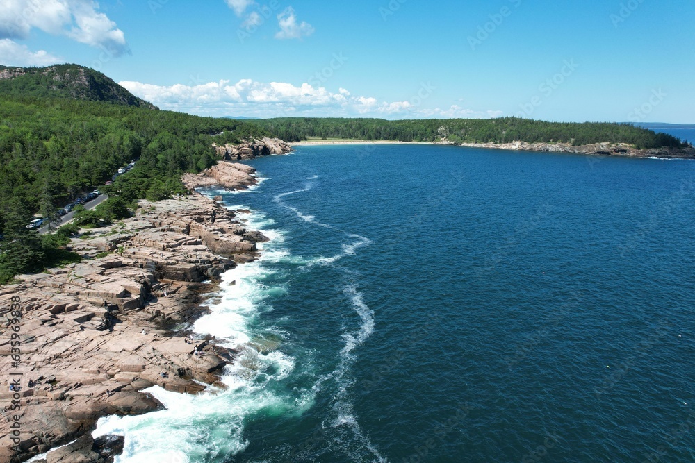 Obraz premium aerial photo of a coast with trees on a sunny day