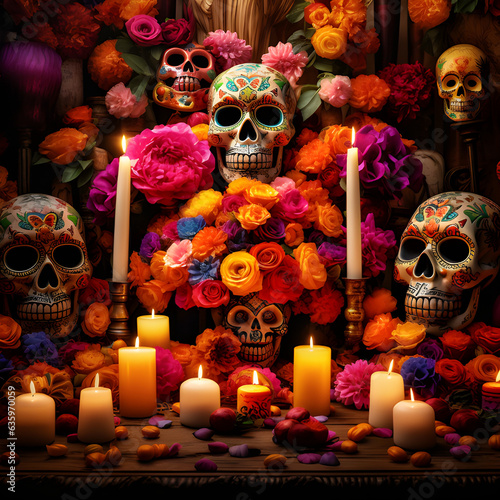 mexican skulls, flowers and candles, for the day of the dead