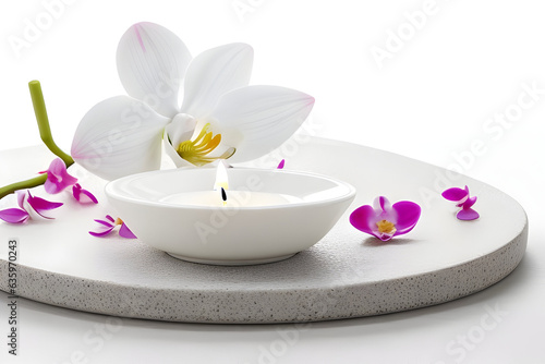 Creative Floral Home Wellness Orchid Candle and Stones on Ceramic Plate Decor Design Concept with Tranquil Isolation on Transparent Background