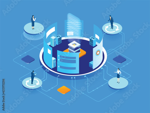 Isometric 3D business environment. Business management. Isometric space, server room with business people working together. Technology, success, data protection and personal security infographic