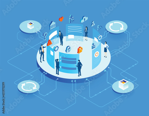 Isometric 3D business environment. Business management. Isometric space, server room with business people working together. Technology, success, data protection and personal security infographic