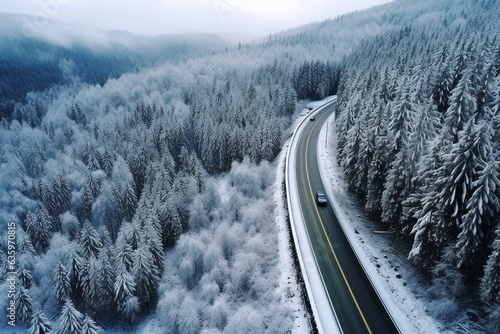 Aerial view of road with snow forest .
