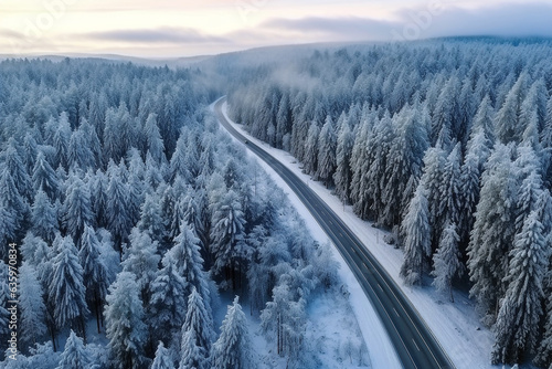 Aerial view of road with snow forest . © Inlovehem