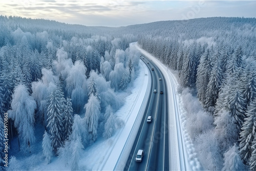 Aerial view of road with snow forest . © Inlovehem