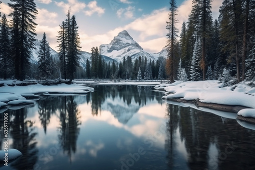 Lake in the forest with snow on the mountains. © Inlovehem