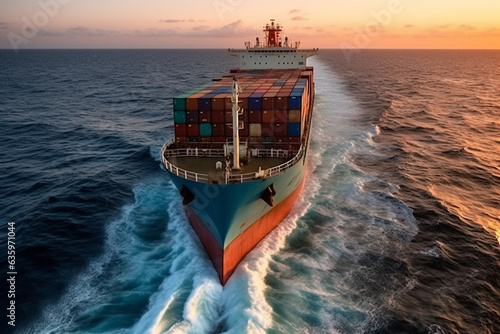 Container ship in the ocean with sea waves.