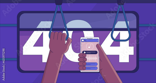 Subway music error 404 flash message. Commuter on phone. Website landing page ui design. Not found cartoon image, dreamy vibes. Vector flat illustration concept with 90s retro background