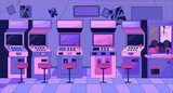 Arcade machines chill lo fi background. Vintage gaming devices. Entertainment 2D vector cartoon interior illustration, purple lofi wallpaper desktop. Sunset aesthetic 90s retro art, dreamy vibes