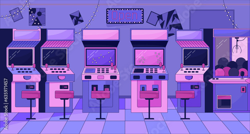 Arcade machines chill lo fi background. Vintage gaming devices. Entertainment 2D vector cartoon interior illustration, purple lofi wallpaper desktop. Sunset aesthetic 90s retro art, dreamy vibes