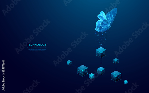 An abstract butterfly flies over linked digital blocks. Metaverse concept. NFT and blockchain technology. Futuristic low poly wireframe vector illustration with 3D isometric effect. Blue background.