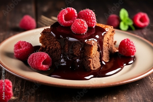 Chocolate cake with raspberries and chocolate  on wooden background.