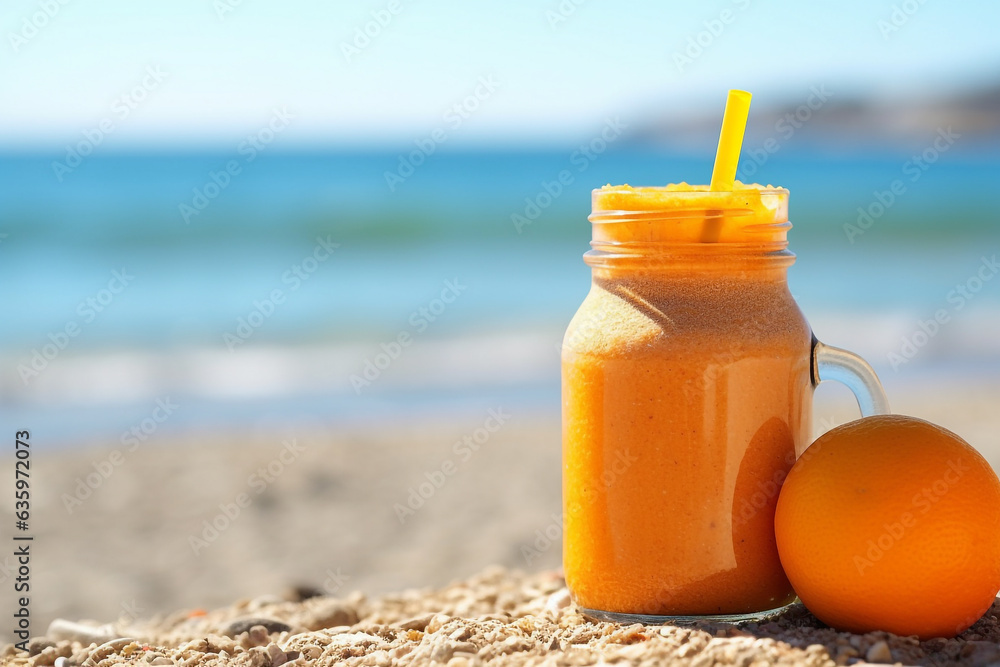 Smoothie orange fruit on sea background .