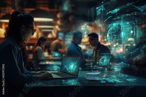 People working on a laptop with a futuristic digital interface backdrop