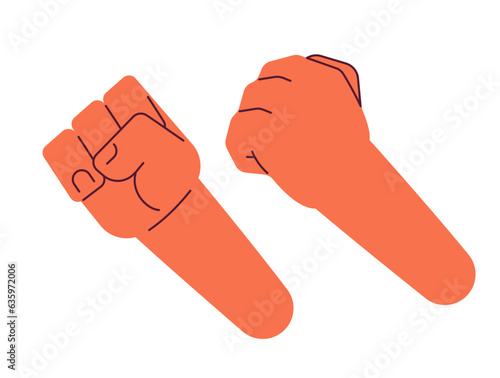 Raising clenching fists semi flat colour vector hand. Strong fists. Editable cartoon clip art icon on white background. Simple spot illustration for web graphic design