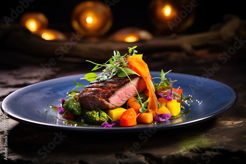 Colorful gourmet dish ready to be served in a rustic setting