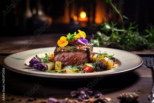 Colorful gourmet dish ready to be served in a rustic setting