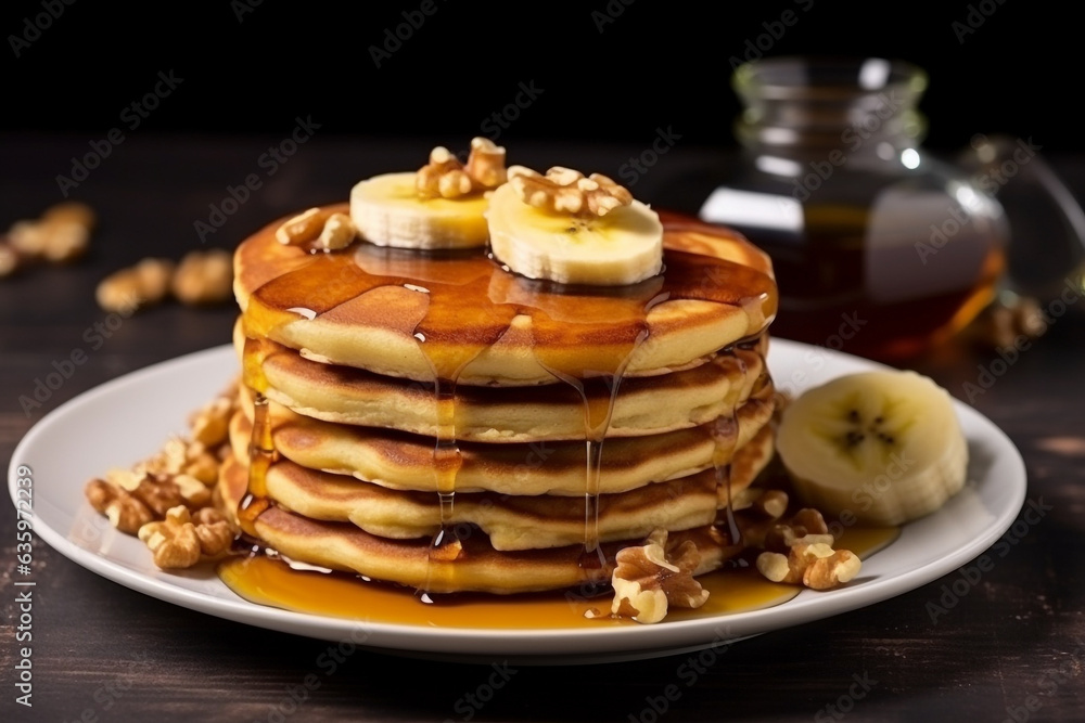 Pancakes with banana ,walnuts,honey on black stone background . Pancakes with banana ,walnuts,honey on black stone background .