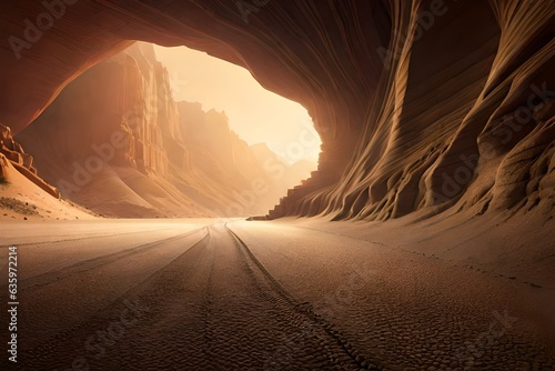 ,Sand dunes , a cave in desert, sunset in the desert