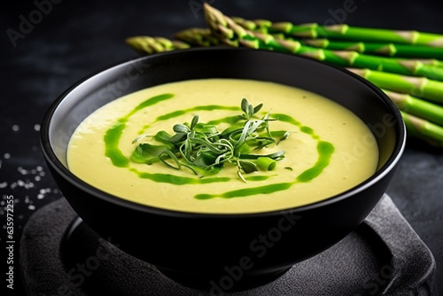 Asparagus cream soup on black background.