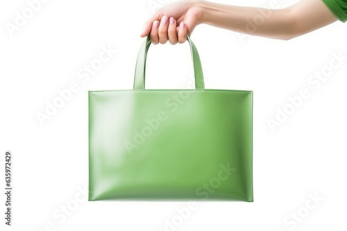 Hand holding shopping bag on white background.