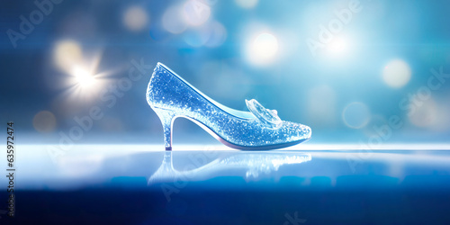 Cinderella crystal slipper on blue Abstract Defocused background photo