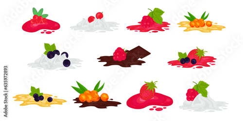 Different berries in a puddle of jam, honey, chocolate. Vector set.