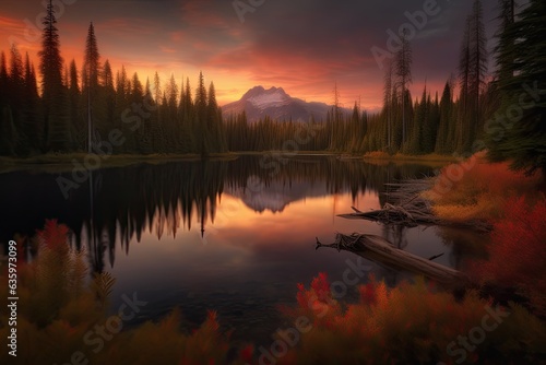 Reflection mountains, forest and lake in serene sunset., generative IA