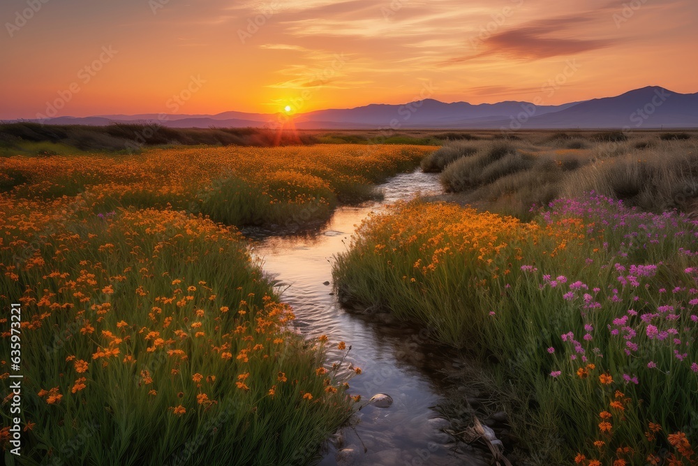 Serene landscape: mountains, stream and flowers under the setting sun., generative IA