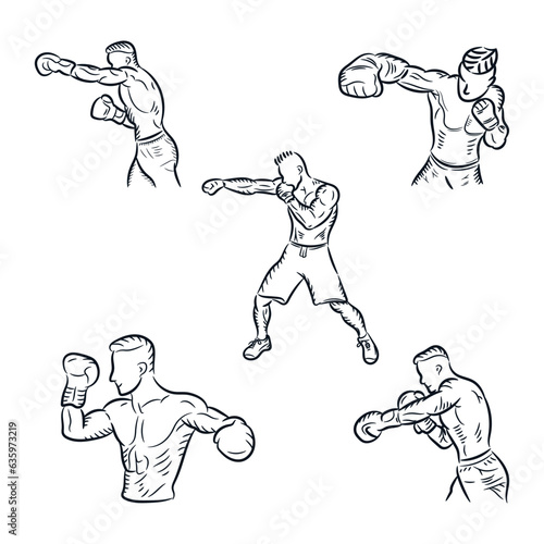 Boxer boxing exercise hand drawn line drawing collection. Sport punch training, vector icon logo vintage sketch illustration