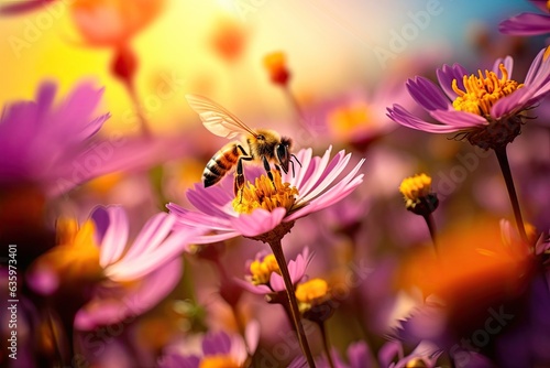 A bee buzzing around a field of wildflowers in full bloom.