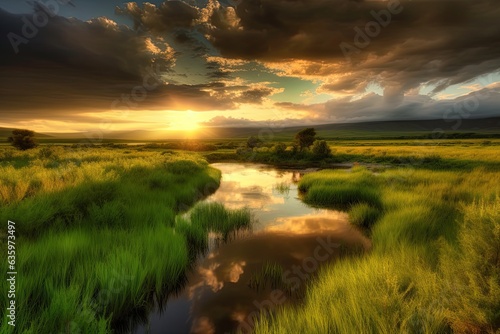 Vast green landscape, meandering river, golden sky at dusk., generative IA