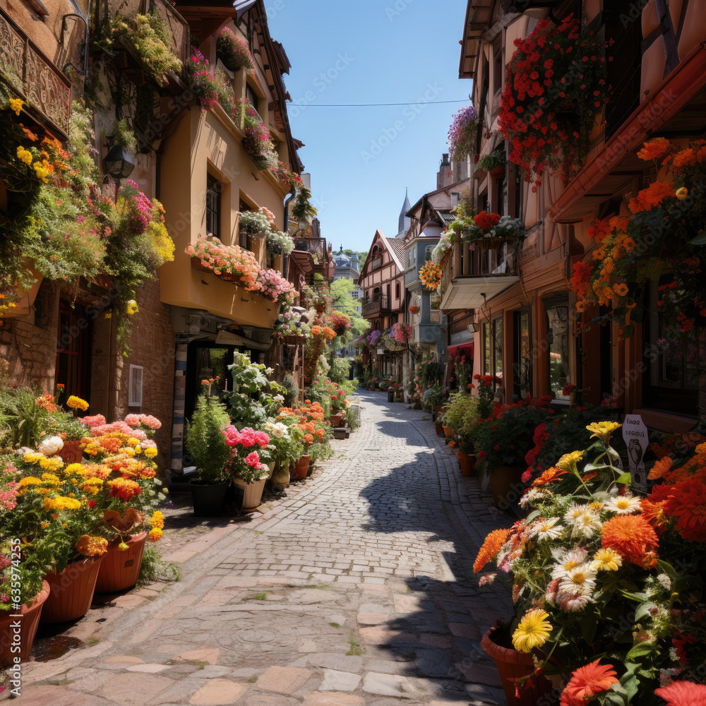 Colorful flowers near old houses in the narrow medieval street in Europe 
