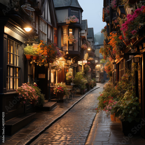 Gorgeous flowers in the evening medieval street 