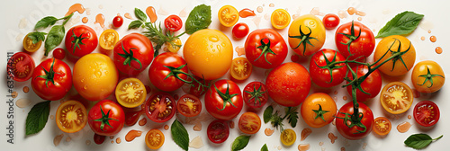 Panoramic red yellow Tomatoes collection on wooden table background 